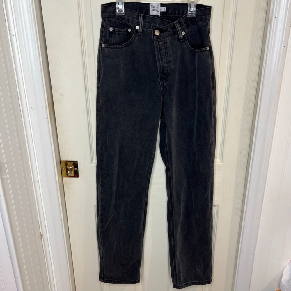Princess Polly High Rise Black Wash Straight Leg Jeans Asymmetrical Size 0